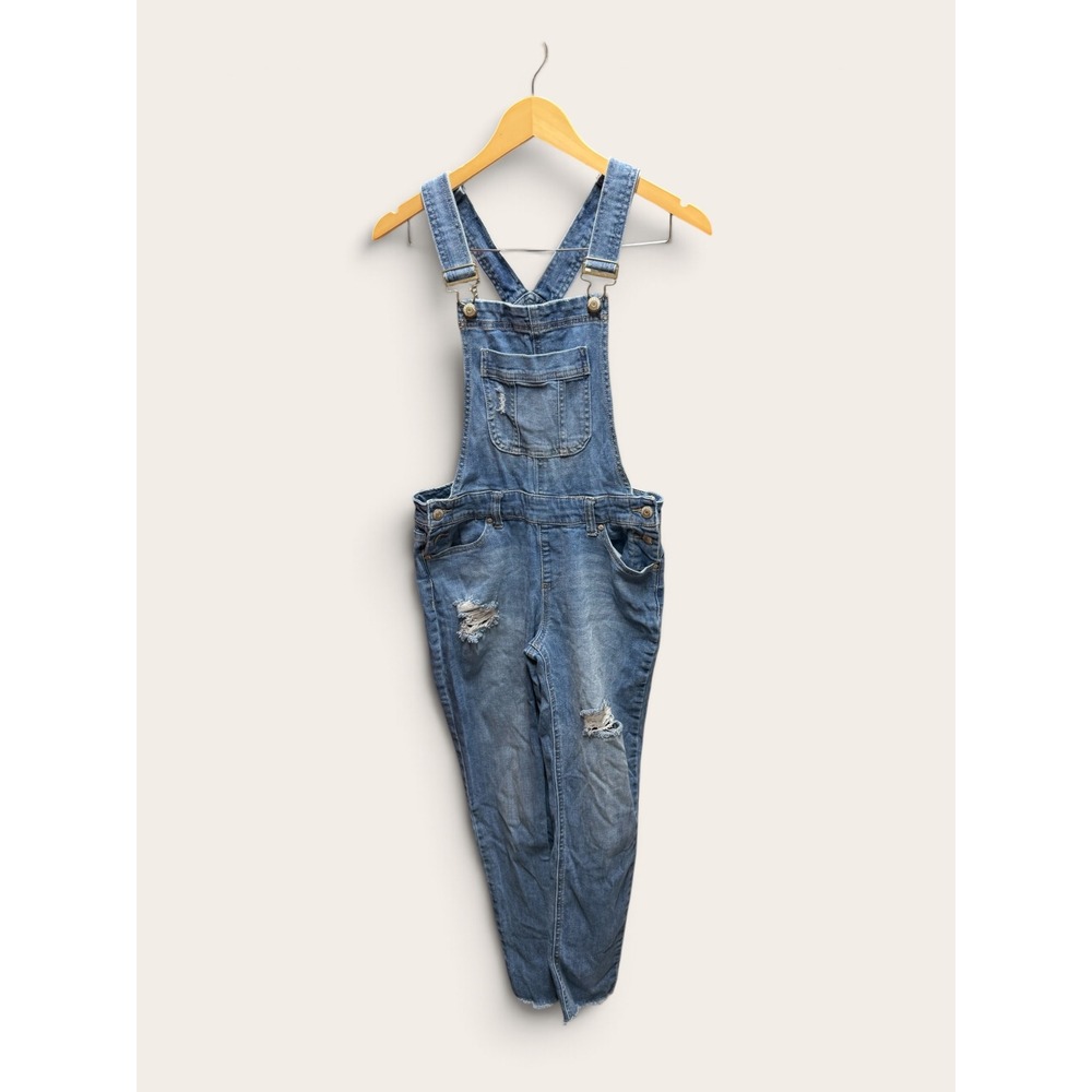 Blue Spice Womens Skinny Denim Overalls Distressed Medium Wash Size 7